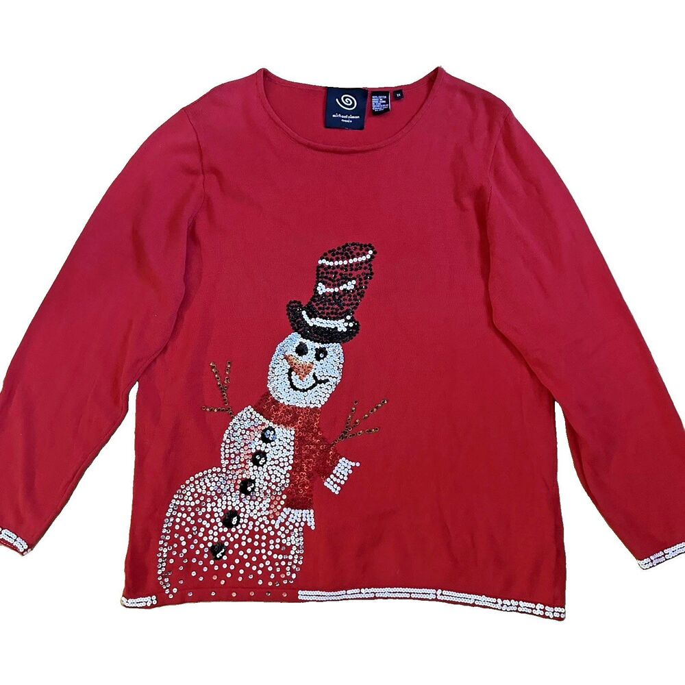 Vintage Michael Simon 1X Snowman Christmas Sweater Red Sequin Beaded Holiday